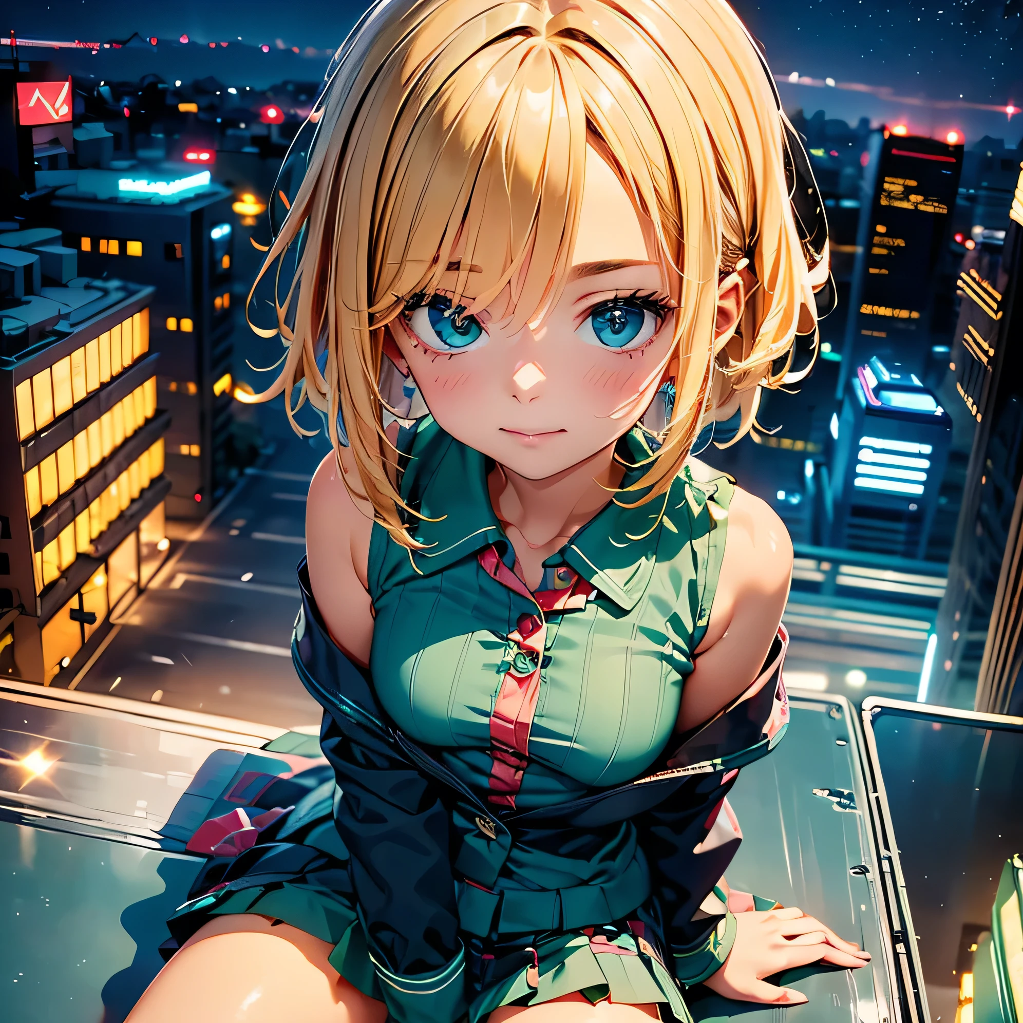 masterpiece,best quality,1 synthesizer wave style girl,blue outline,Street with neon lights,Blue fluorescent coating,alone,from above,cowboy shot,sit on top of the building,Highly detailed CG,flat color,limited palette,Nolin Art,silhouette,Partially colored,alternative color,dynamic angle, angle seen from the side, blue long umbrella,Dark purple shadows,synthesizer wave,chromatic aberration,(alone focus),perfect shadow,dressed for school,Wear an off-shoulder floating jacket as outerwear.,delicate face,bare shoulders,brown short hair, beautiful and delicate eyes,delicate background,blue neon light, You can see the night view as well