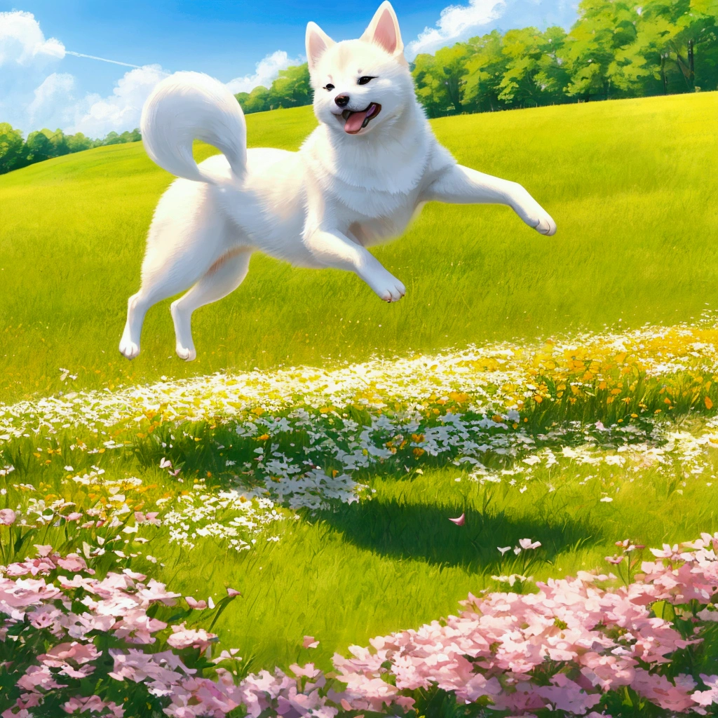 Energetic white shibainu jumping for joy in a sunlit meadow, motion blur, vibrant colors, impressionistic style