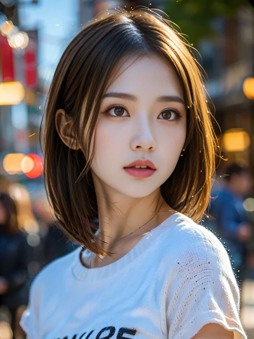 hyper realistic lifelike texture dramatic lighting unreal engine trending on art station, award winning photo, nikon RAW photo,8 k, Fujifilm XT3,masterpiece, best quality, realistic, photorealistic, ultra detailed, extremely detailed face, solo,1girl, standing, fashionable and trendy atmosphere, close up, t-shirt, smooth hair