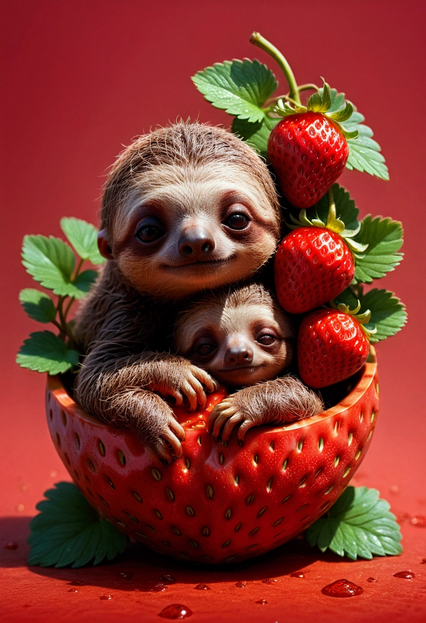 strawberry, detailed photograph of an adorable sloth sleeping on a red strawberry, by Ismail Inceoglu Huang Guangjian ZBrush, pixar, studio ghibli, masterpiece, best quality, very aesthetic, absurdres
