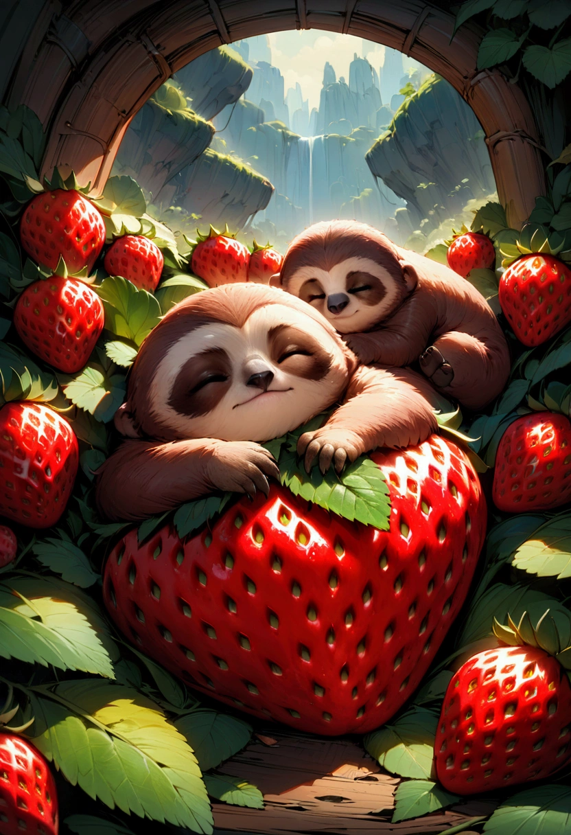 strawberry, detailed photograph of an adorable baby sloth sleeping on a red strawberry, by Ismail Inceoglu Huang Guangjian ZBrush, pixar, studio ghibli, masterpiece, best quality, very aesthetic, absurdres