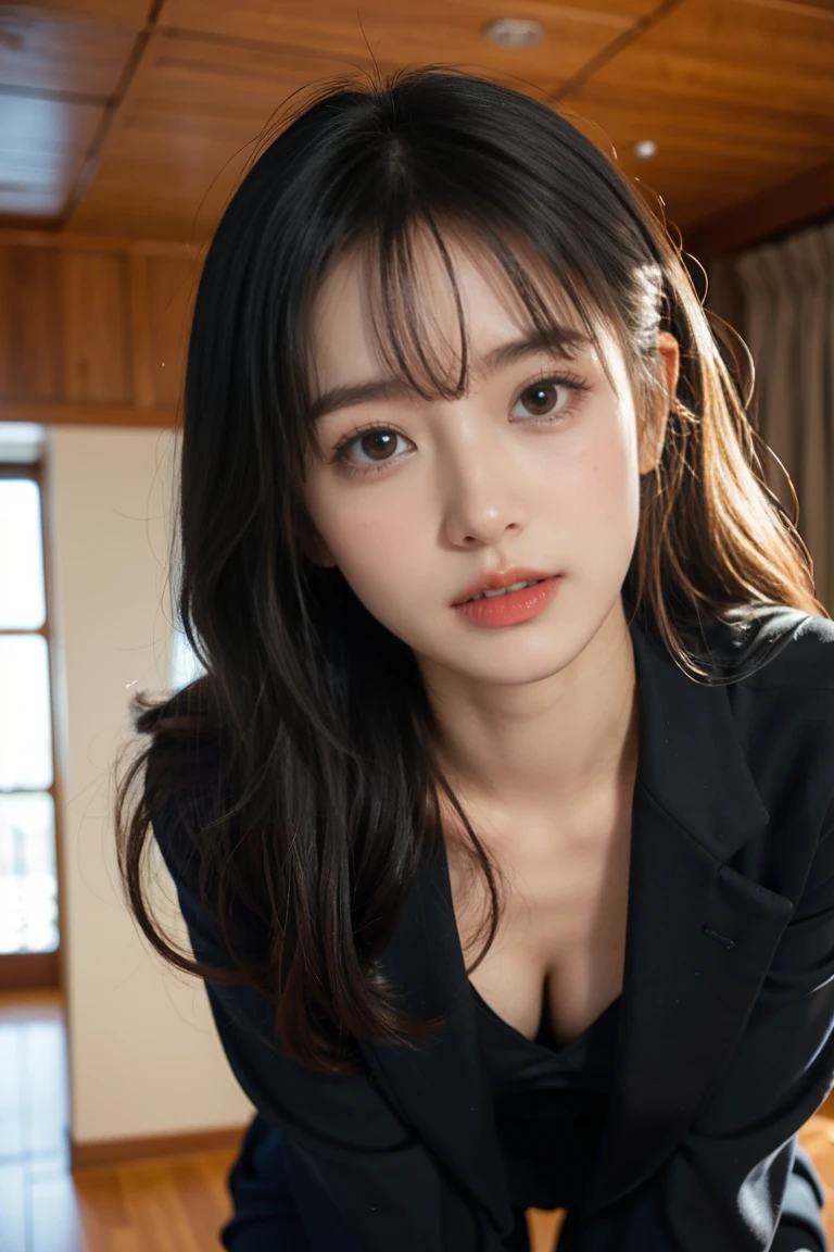 Urzan-6500-v1.1, (RAW Photos:1.2), (Realistic:1.4), Beautiful detailed girl, Very detailed eyes and face, Beautiful and detailed, Ridiculous, 信じられないほどRidiculous, Huge file sizes, Very detailed, High resolution, Very detailed, Highest quality, Tabletop, One Girl, , ((Very detailed)), ((Dynamic pose))), (Camel Toe), (Open your mouth)),((Droopy eyes)),((Round face)),((Curl the inside of your hair)), (avert your eyes:1.1),Face close-up、Upper Body、Black costume、With bangs、((thin))、the body is slim、((Looking down)、((Eyes Wide Open))、(Black office suit))、((Formal office suit))、skirt、shout、Sing a song、Open your mouth,