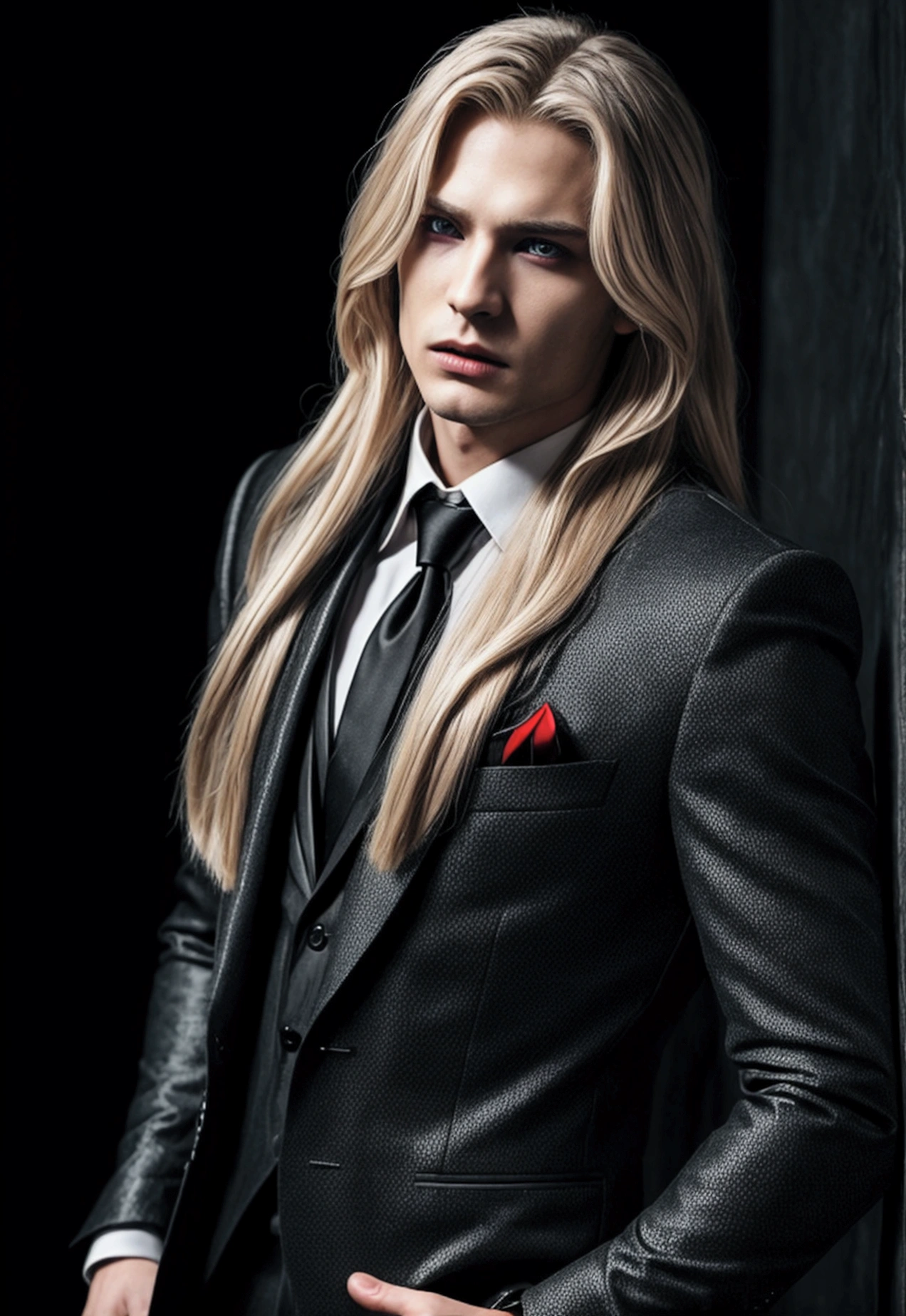 Only 1 man, very handsome man, Long blonde hair styling, Red Eyes, Wearing a black suit,Wearing black wings, Vampire atmosphere