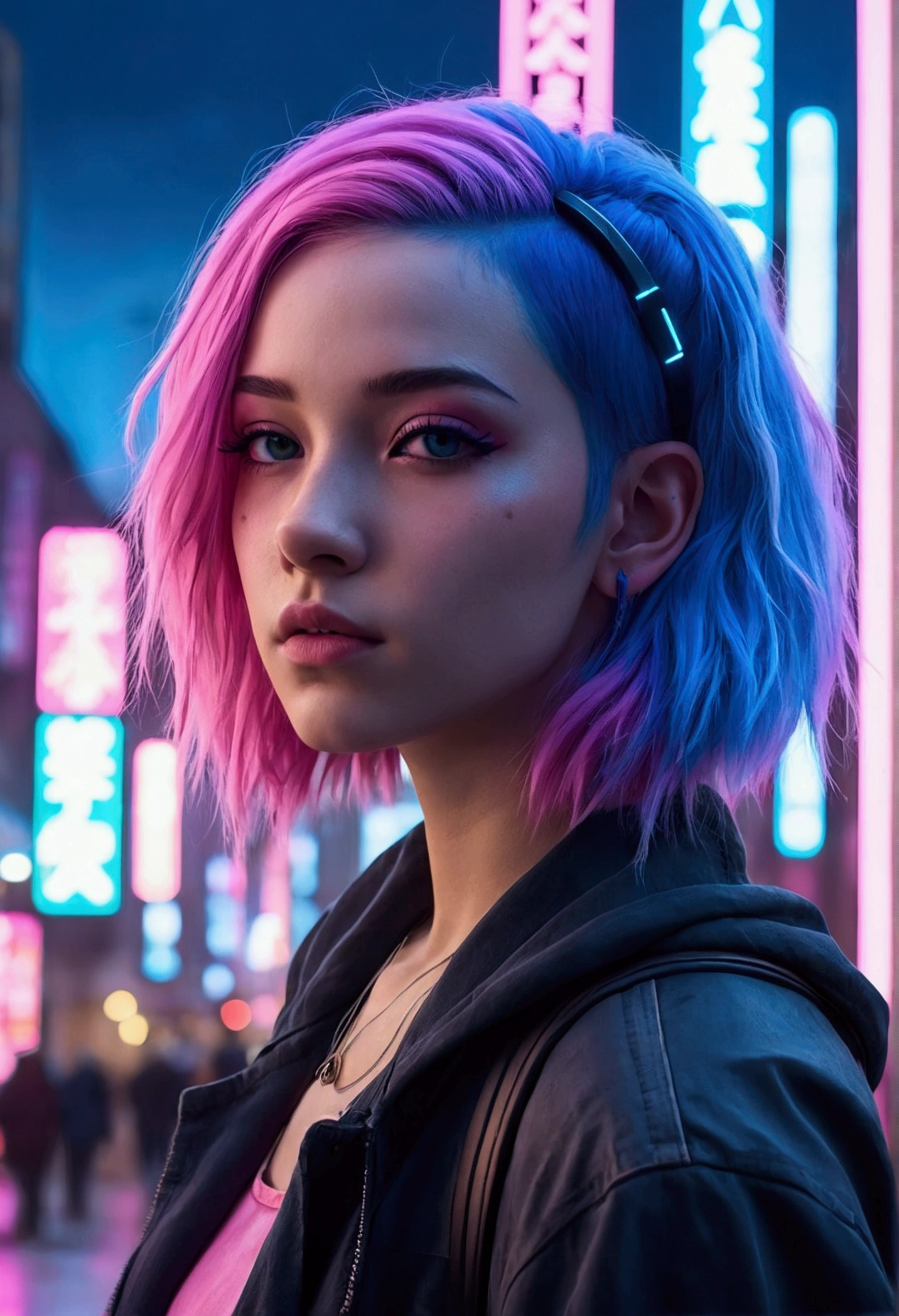 Beautifully pink-blue hair girl in cyberpunk city with pink-blue neon lights