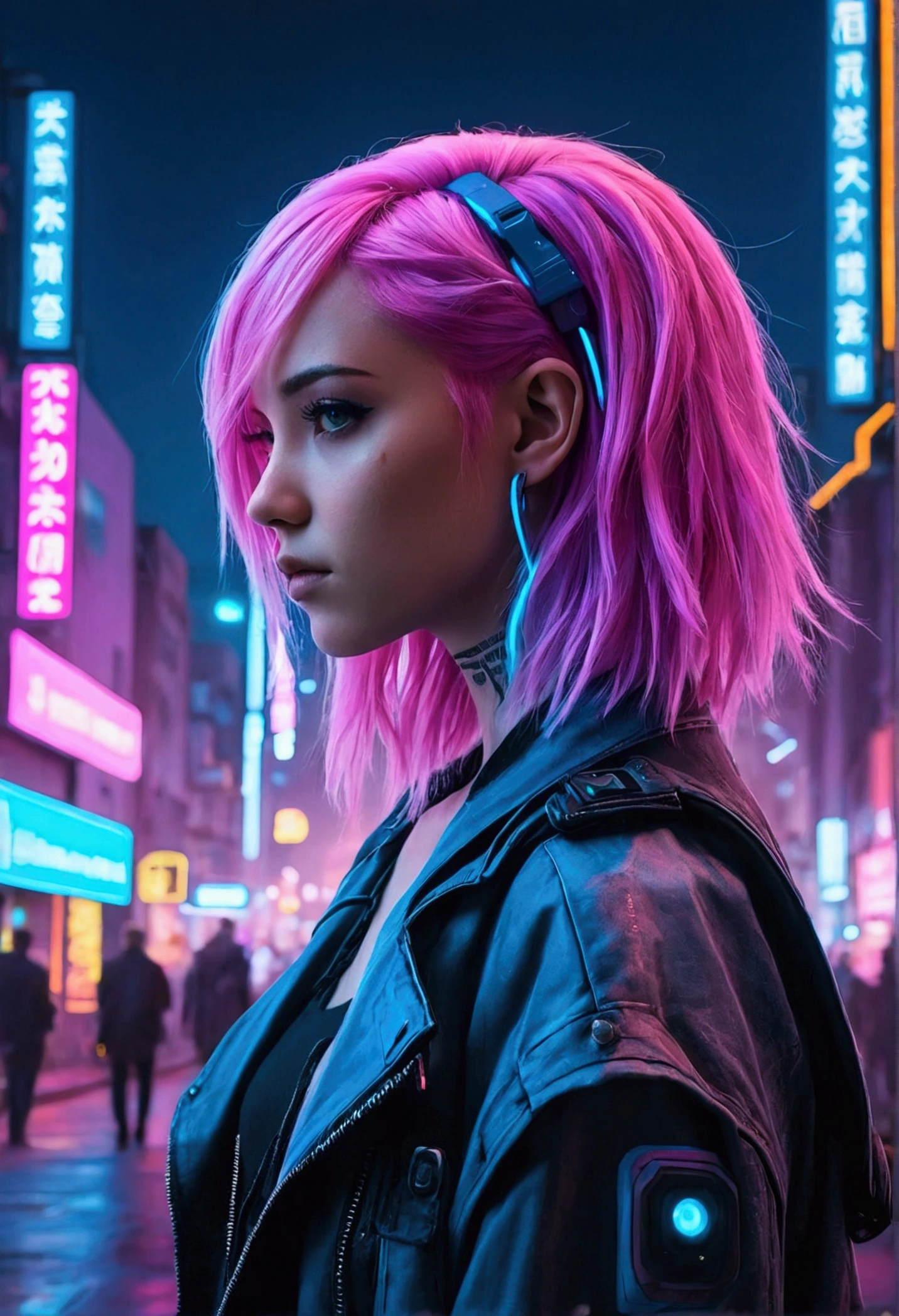 Beautifully pink-blue hair girl in cyberpunk city with pink-blue neon lights
