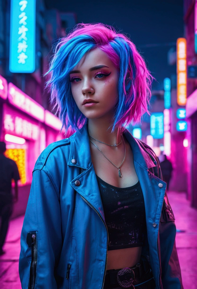 Beautifully pink-blue hair girl in cyberpunk city with pink-blue neon lights
