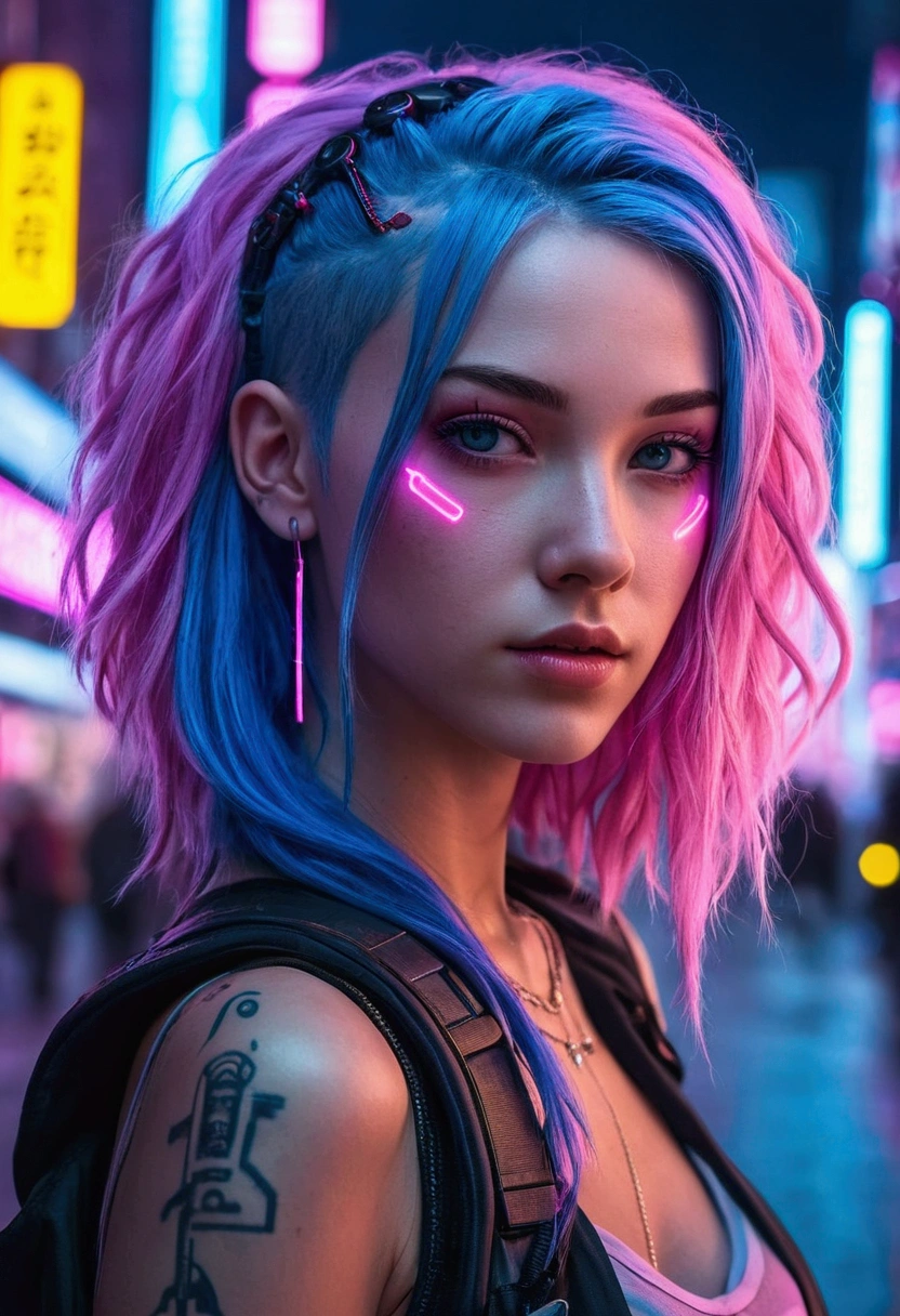 Beautifully pink-blue hair girl in cyberpunk city with pink-blue neon lights