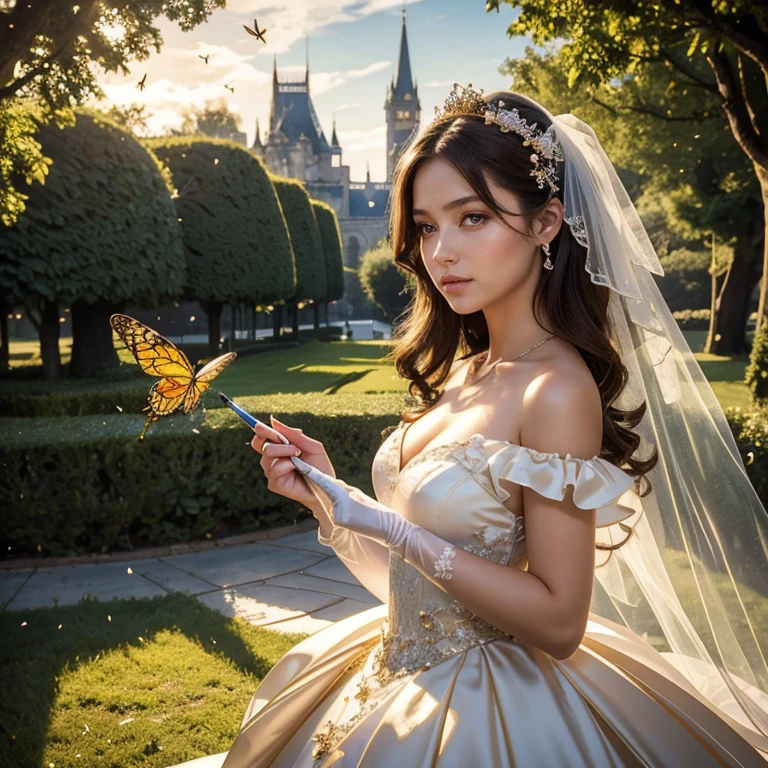 (masterpiece, best quality:1.5), highest quality, High resolution, super detailed, Realists, Upper body photo of a brunette young magical girl, detailed and beautiful eyes, beautiful detailed lips, very detailed eyes and face, longeyelashes, white satin wedding dress, Holding a magic wand in your hand, Cast a transformation spell, With her magic wand she turns wasps into butterflies, Glowing wands available,Beautiful and colorful makeup, elegant and noble々The jewelry bag, Gardens as background, soft daylight, bright colors, fine brushstrokes, Portrait style, Silk dress fabric, beautiful color palette, glowing skin, First-class rendering, that captures every detail, enchanting atmosphere, subtle shadows and lights, (perfect anatomy:1.2), (The stunning magical girl in the wedding dress turns wasps into butterflies. (a transformation with the magic wand:1.4), (magnificent panorama view:1.2)