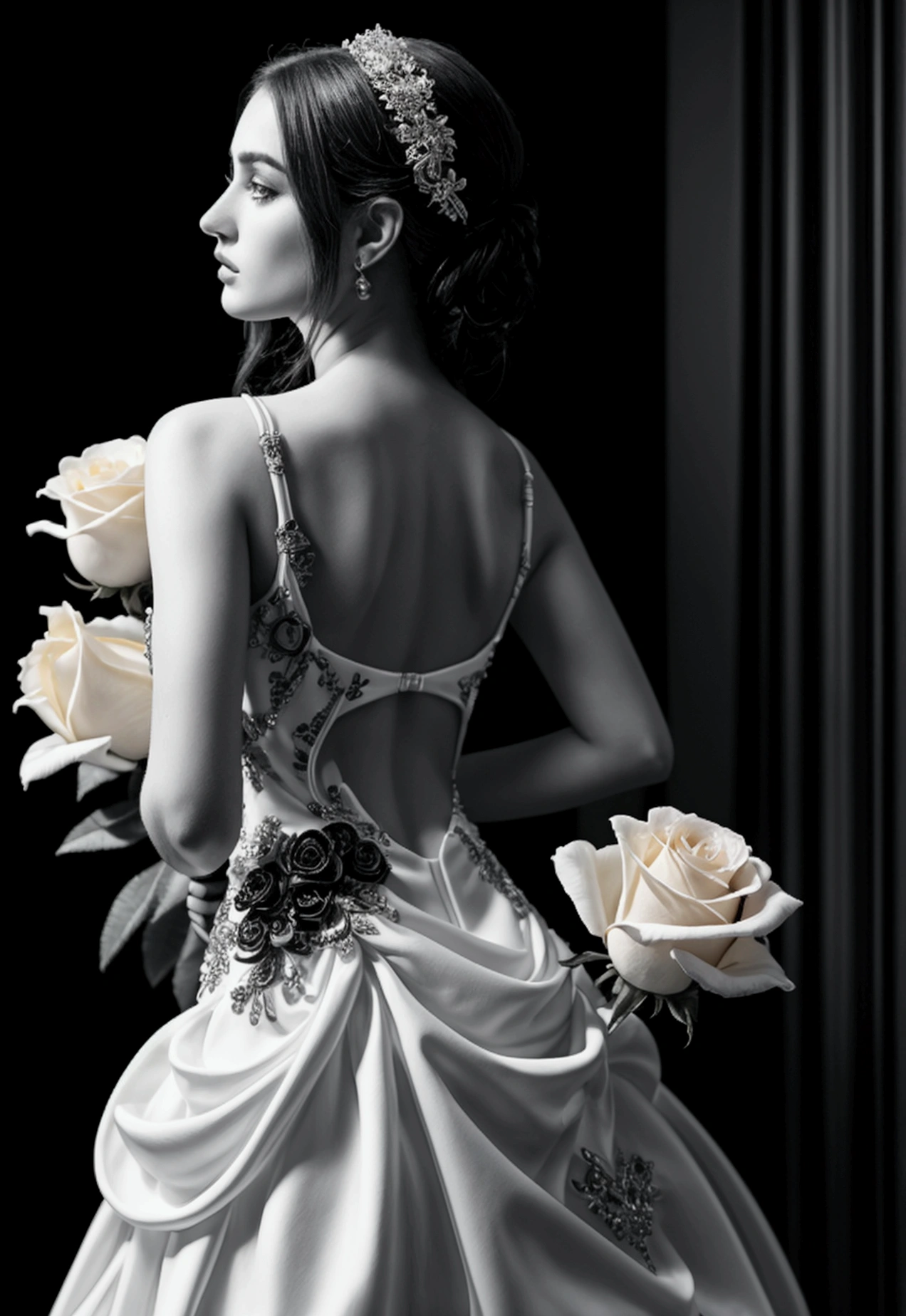 White and black, glass art of an elegant woman in dress holding rose, black background, high contrast, stunning, intricate details, hyper realistic, hyper detailed, stunning, crystal clear, glowing light white flower on the right side, beautiful woman standing straight with her hand behind back --ar 9:16 --v 6.0 --s 750