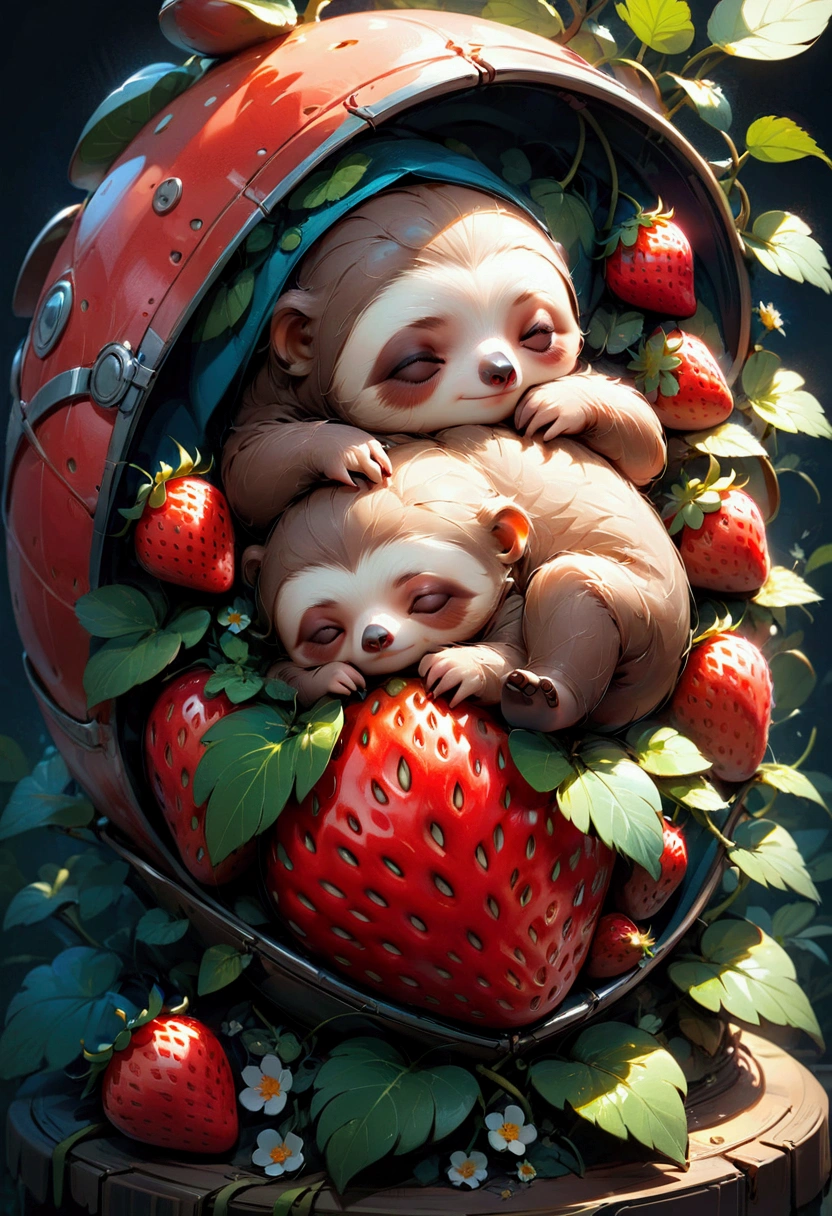 strawberry, detailed photograph of an adorable  sloth sleeping on a red strawberry, by Ismail Inceoglu Huang Guangjian ZBrush, pixar, studio ghibli, masterpiece, best quality, very aesthetic, absurdres