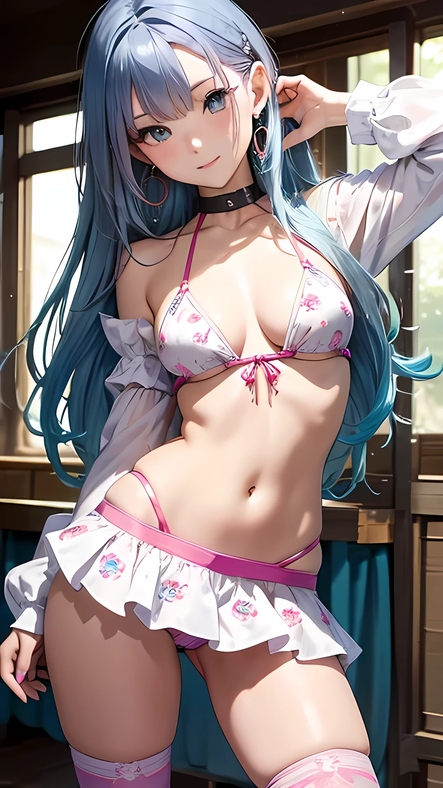 masterpiece,Ultra-high resolution、Highest quality、Sexy pose、Light blue hair、Long Hair:1.2, Pink Eyes, smile、Tilt your head、Big earrings:1.5,、Model walking、Small breasts、the body is slim、Tight waist、Spread your legs,Cowboy Shot、Colorful patterned tops、Super mini bikini tight skirt、panties、thighhighs、Underwear Focus