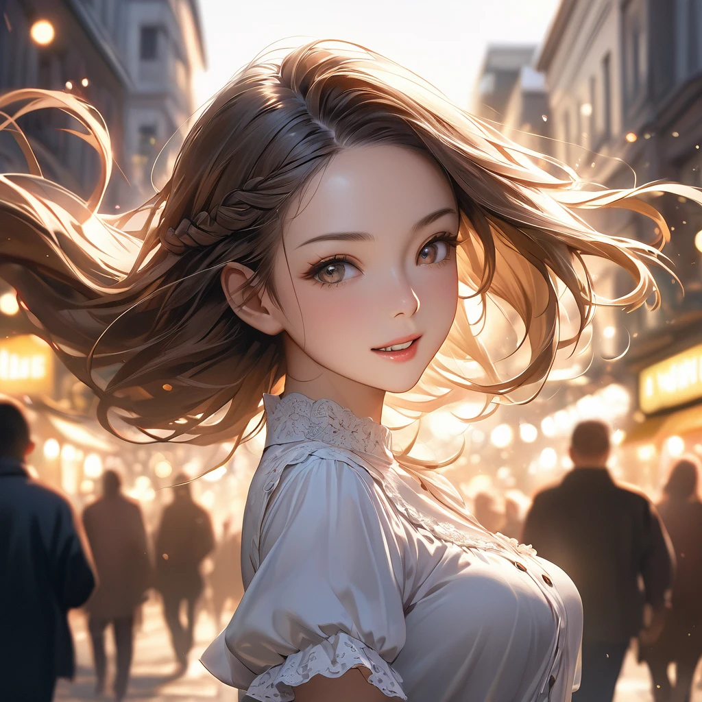 Highest quality, Realistic,  woman,(Skin Dentition), Mid-chest, (bright), (Professional Lighting, Bokeh), (street), people々, crowd, Braided bangs, (blouse:1.5), (Portrait:0.8), nice, bloom, Floating Hair, (Dynamic pose:0.6) , Soft lighting, Sexy clothes