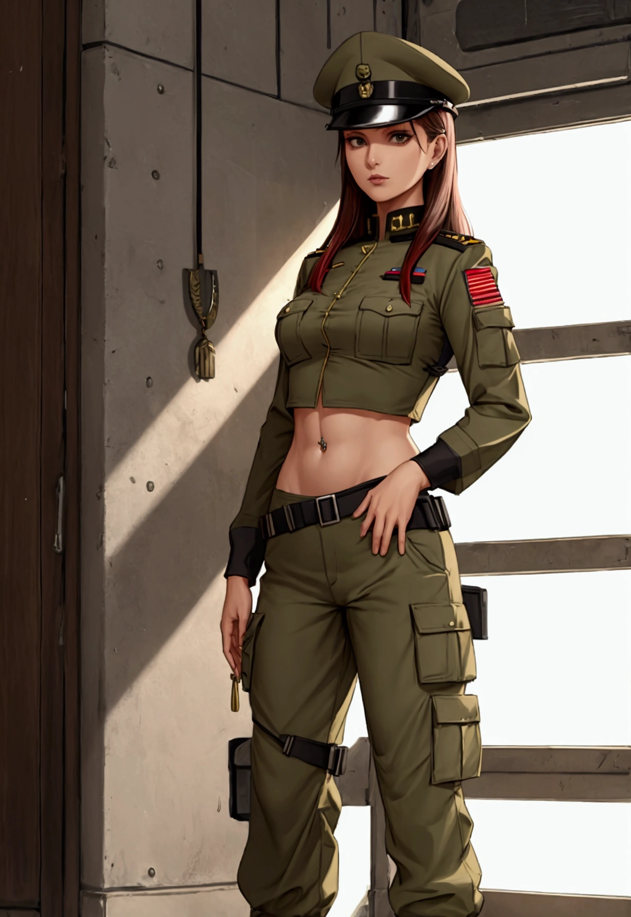 Women in crop top soldier uniform, soldier hat, medal on the chest, exposed abdomen area, very low waist cargo pants, navel piercing , 45 years-old, high ranking , standing,