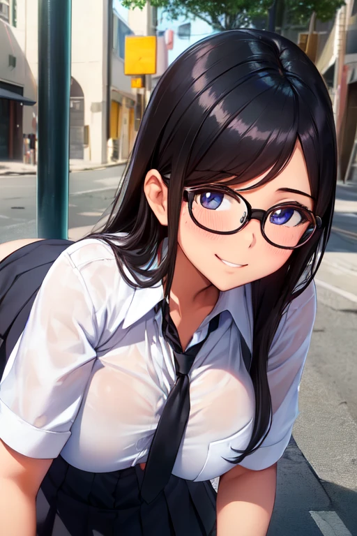 (high quality, High resolution, fine details), Pavement, View from the side, Alone, Girl, Shiny black hair, School uniform, sparkling eyes, (Large round frame glasses), (detailed eyes), medium breasts, tits, neckline, ((gentle smile)), blush, sweat, oily skin, (focus face), shallow depth of field