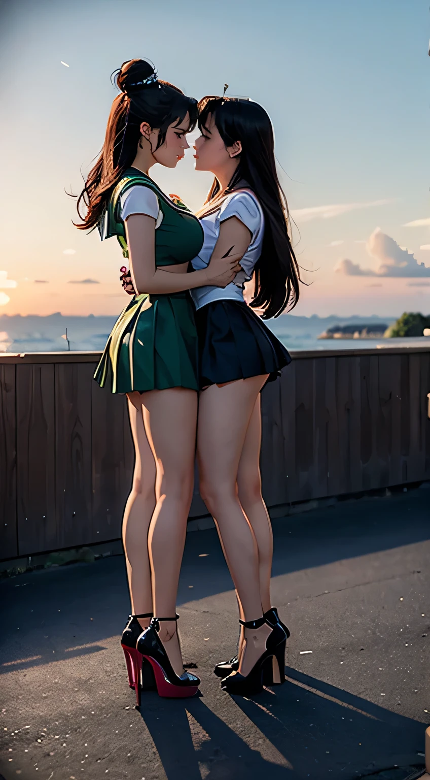 Full body picture：sailor jupiter and sailor pluto kissing，They wear high heels，Huge Breasts，It&#39;s hot，They both blushed，Hold each other tight，Stroke the buttocks，