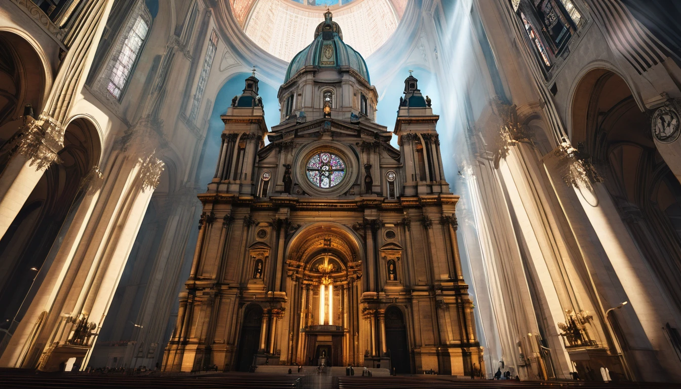 (Highly detailed and realistic CG, masterpiece, Highest quality, Very detailed), vaporpunk, São Paulo Metropolitan Cathedral, (Best lighting, Best Shadow, Very delicate and beautiful), Dynamic Angle, Cinematic atmosphere, Exquisite metalwork, gear, clockwork, cigarette, vapor, Period costume, Vibrant colors.