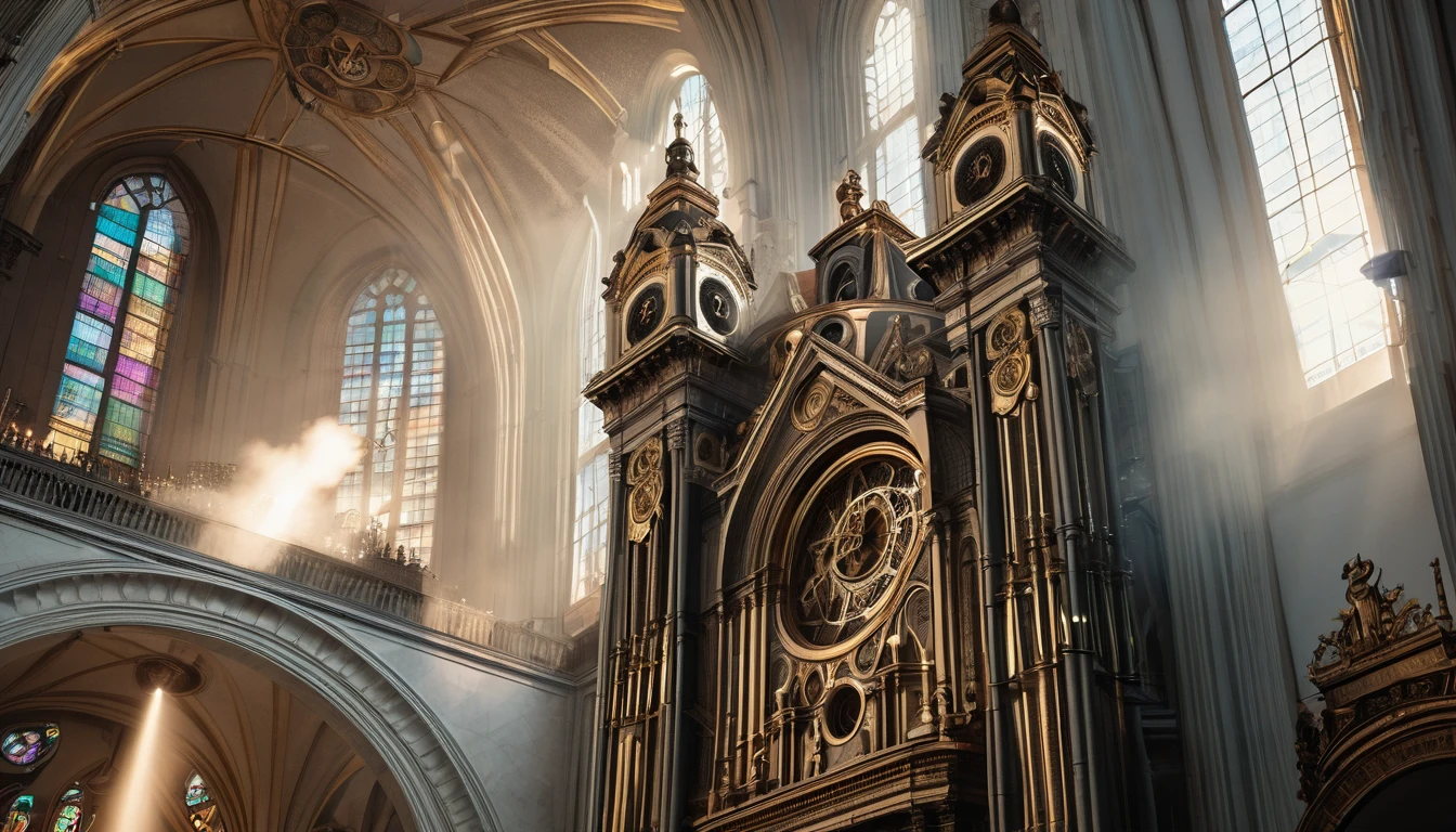 (Highly detailed and realistic CG, masterpiece, Highest quality, Very detailed), vaporpunk, São Paulo Metropolitan Cathedral, (Best lighting, Best Shadow, Very delicate and beautiful), Dynamic Angle, Cinematic atmosphere, Exquisite metalwork, gear, clockwork, cigarette, vapor, Period costume, Vibrant colors.
