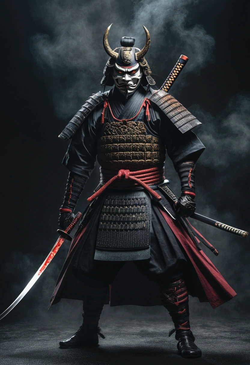 high quality, 8k, hyper detailed, photorealistic, intricate details, dark moody atmosphere, traditional japanese samurai in demonic mask, katana sword, full body pose, ready for battle, dark mist surrounding, realistic, cinematic lighting, dramatic shadows, intense expression, powerful presence, evil, georgeus, full body