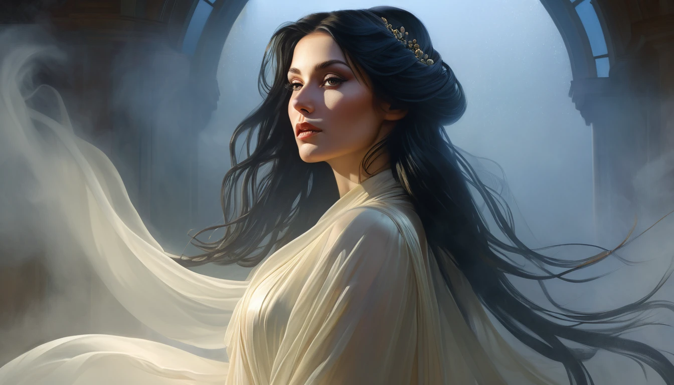 Portrait of Embrebecca with long black hair in the fog, Cinema Lighting, photoRealistic, Brilliant, Complex, Realistic, detailed, volumetric light and shadow Complex, elegant, highly detailed, Digital Painting, Art Station, Concept Art, Smooth, Sharp focus, figure, ArtJam、Greg Rutkowski、Art by Alphonse Mucha, super detailed
