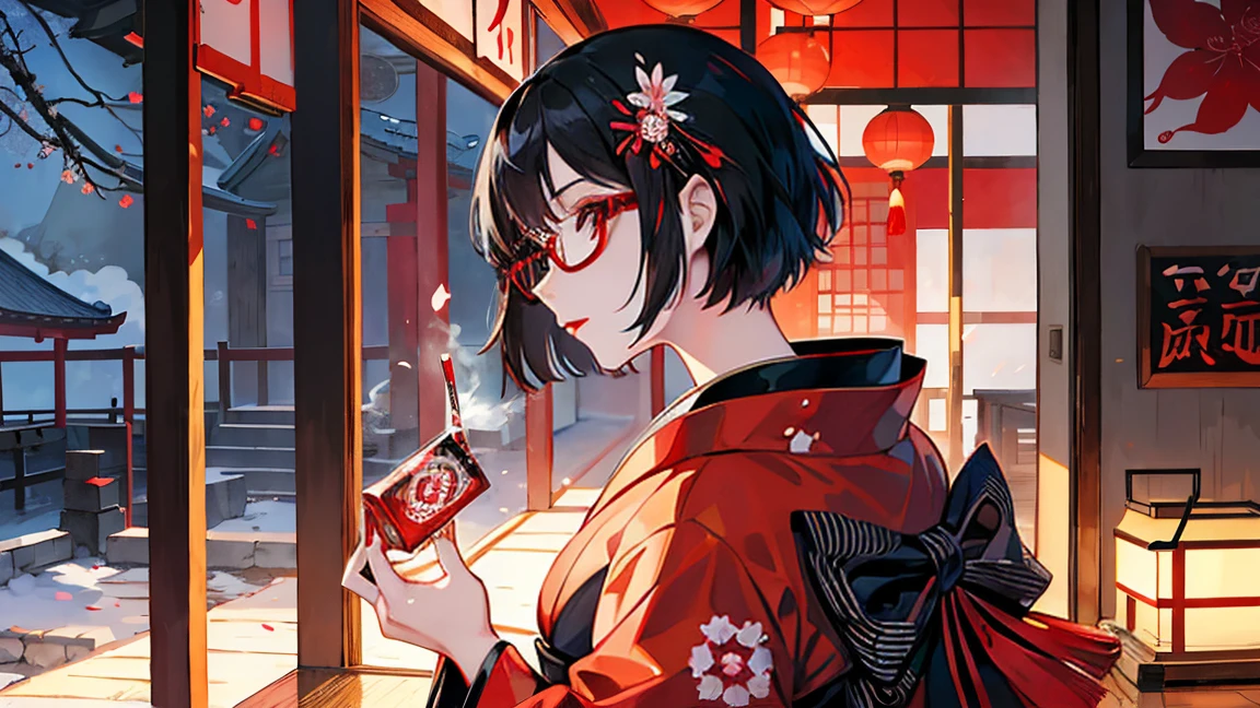 There are hairpins on short black hair, red eyes, red lipstick, Japanese elements, Japanese kimono, cherry blossom glasses on the kimono, geishas have cigarettes, and traditional Japanese tattoos on their arms.