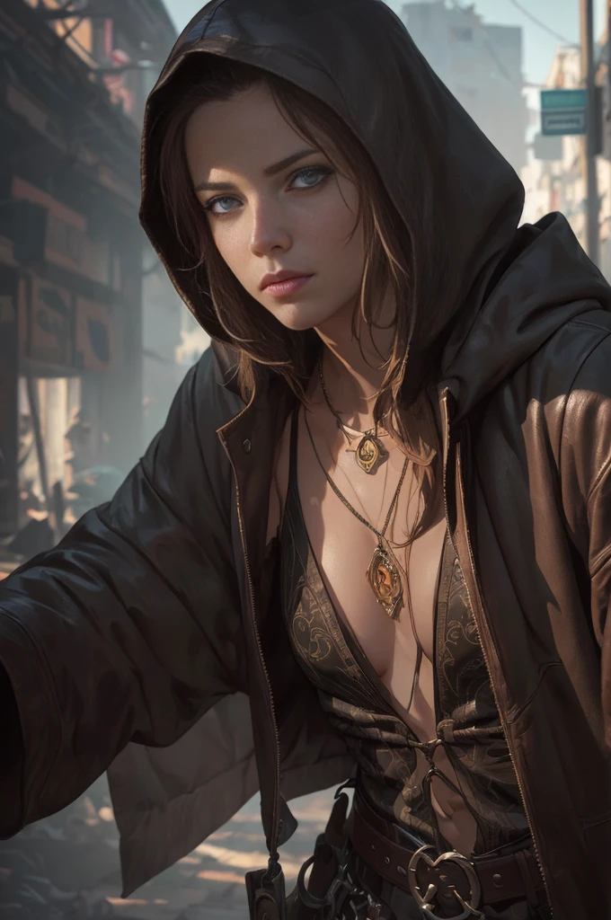 (by Greg Rutkowski: 1.2), (best quality,4k,8k,highres,masterpiece:1.2),ultra-detailed,(realistic,photorealistic,photo-realistic:1.37), 1man, a cunning bandit, wear hood, satchel, weathered outfit, (leather clothes), highly detailed face and body, dramatic lighting, vibrant color, detailed landscape, intricate, ethereal beauty, From Brian Froud and Carne Griffiths and Wadim Kashin and John William Waterhouse, 8K post-production, high resolution, hyperdetailed, depth of field, HDR, intricate