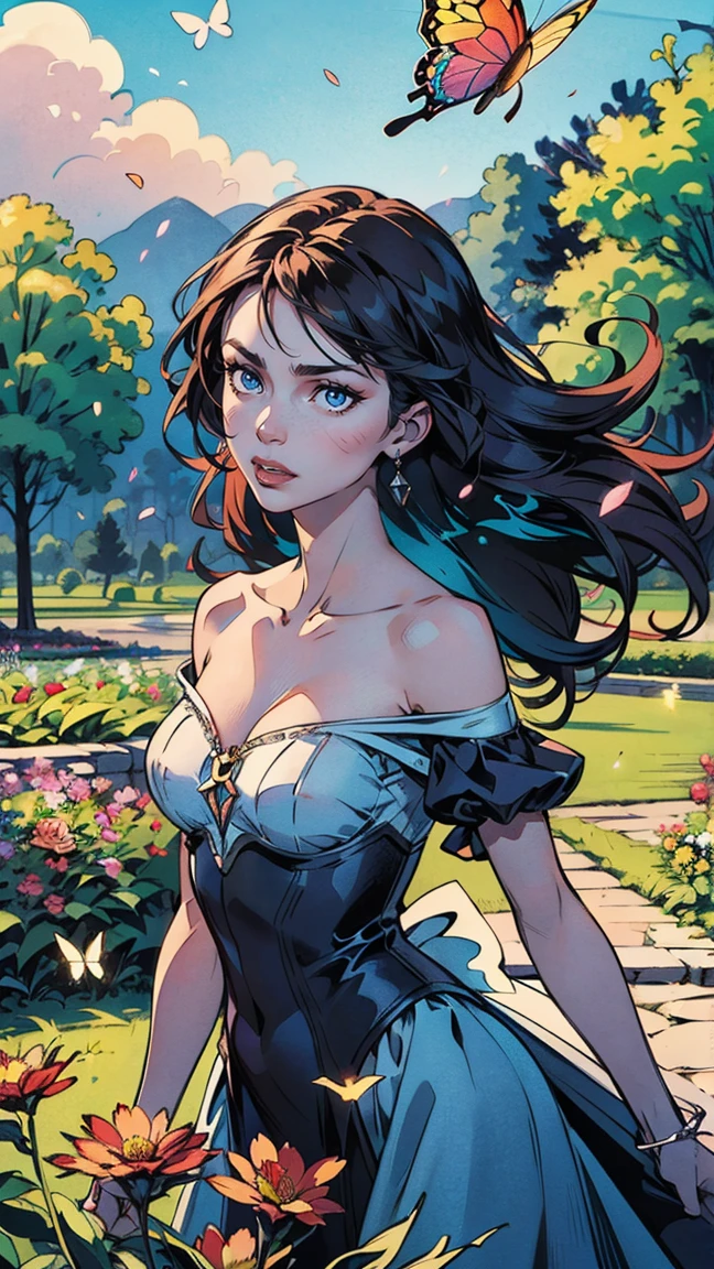 1girl, solo, fully body, (Masterpiece artwork:1.21), (best qualityer:1.2), fullcolor, (illustration:1.2), (cinematic lighthing:1.1), (bared shoulders:1.21), (clavicle:1.21) in this whimsical A beautiful and dreamlike garden, The scene is illuminated by a rainbow (vaga-lumes fullcolors) Dancing in the air. Pastel adorns the garden, creating a hazy and ethereal atmosphere. At the center of the image, is a single girl, an extremely beautiful girl, with charming facial features and an innocent expression. Her long hair fluttered in the wind. She wore a low-cut strapless dress that accentuated her curves.. The lighting is very delicate and beautiful, creating a soft, warm sheen that accentuates the water and makes it glow like a diamond. The best grasses are also lit up to create a lush carpet. The garden is surrounded by fields of colorful flowers with flowers of all colors and shapes. Various colors and sizes (Colorful butterflies) can be seen flying around the scene, adding to the overall sense of wonder and magic. (everyone, judges), a blush can be seen on the bridge of the nose, and the mouth is slightly opened, which increases the overall sense of innocence and youth. Falling petals can be seen waving around her, adding to the overall sense of romance and beauty. The breeze is blowing, the leaves are rustling and the flowers are swaying, increasing dynamism and overall vitality. It's a scene of pure wonder and magic, full of color and beauty, where the viewer can get lost in this charming and captivating world