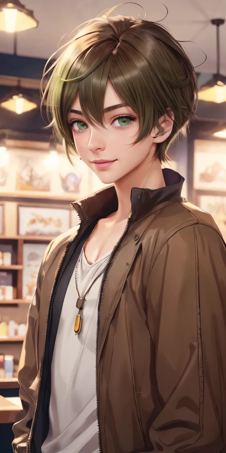 a young man, brunette hair, bright green eyes, beautiful detailed eyes, beautiful detailed lips, extremely detailed face, long eyelashes, smiling, tall, anime character, digital painting, detailed environment, cinematic lighting, vibrant colors, highly detailed, photorealistic, 4k, best quality, masterpiece 30 years young man , painted anime