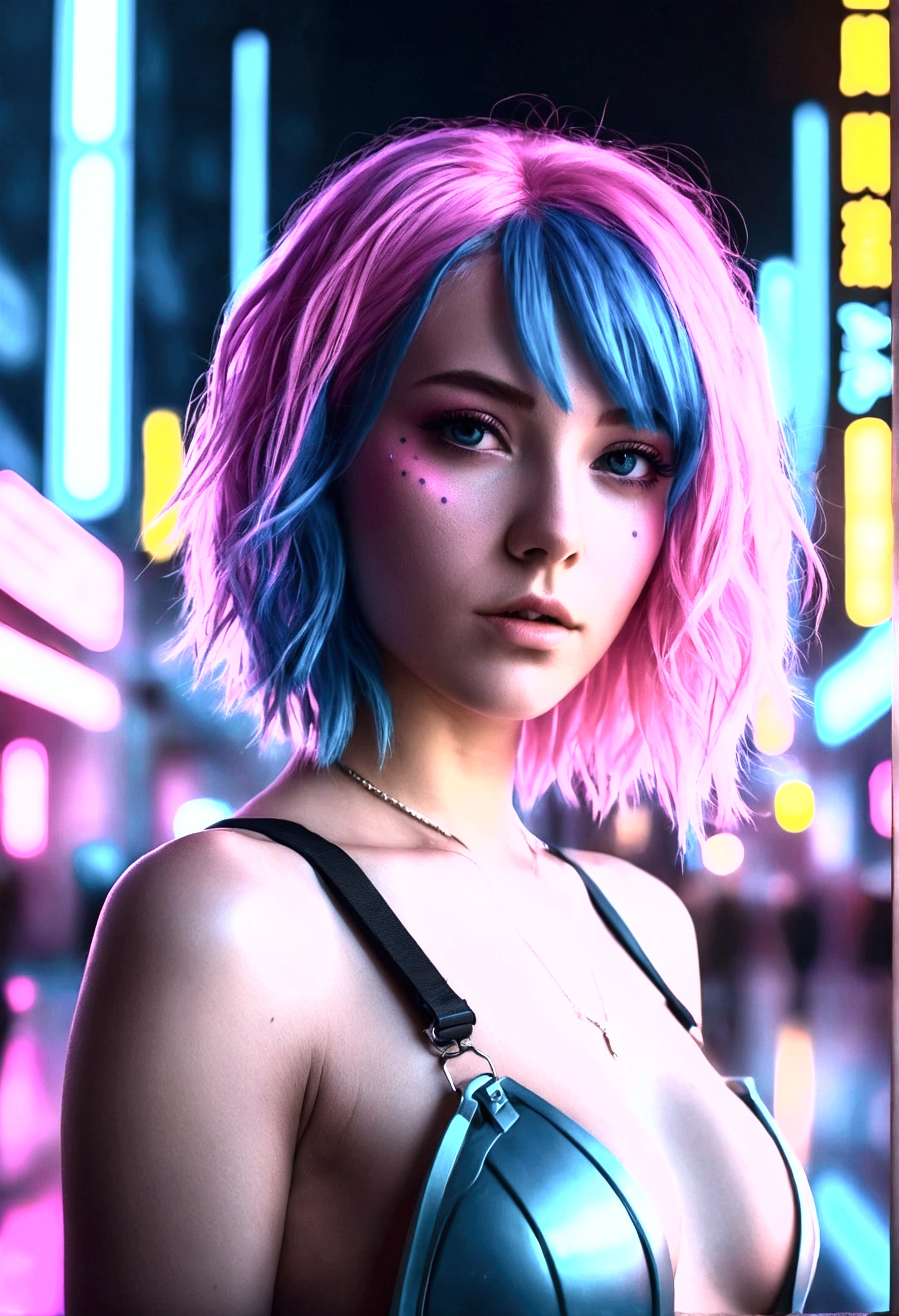 Beautifully pink-blue hair girl in cyberpunk city with pink-blue neon lights. Lovely face. Can be nude