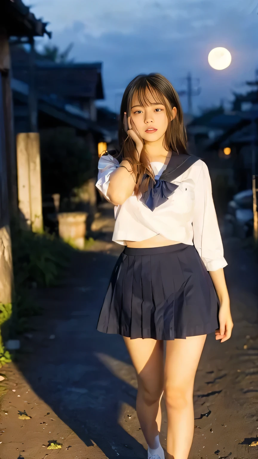 masterpiece, highest quality, realistic, RAW photo, Digital single-lens reflex camera, ((1 person)), Beautiful Japan girl at 18 years old, shiny fair skin, Realistic beautiful make-up face, realistic and beautiful eyes, double eyelid, (((anxiety, frightened eyes:1.3, fear, nervous:1, tears, cry:1.4, afraid))), (The most detailed shiny black hair and bangs), (((ponytail hair))), slim body shape, slim face, slim waist, (((H cup, large breasts))), ((serafuku)), (((Japanese student indigo sailor suit, summer clothes, pleated mini skirt:1.2, black sox:1.2, brown loafer shoes:1.2, white panty:1.2))), (((front:1.3))), Leaving school, (((quarry, moon light))), (((dark night))), ((foggy)), realistic shadow, Depth of bounds written, The best delicate and beautiful photos, ultra high resolution, 8K UHD Wallpapers, nsfw, upper half body