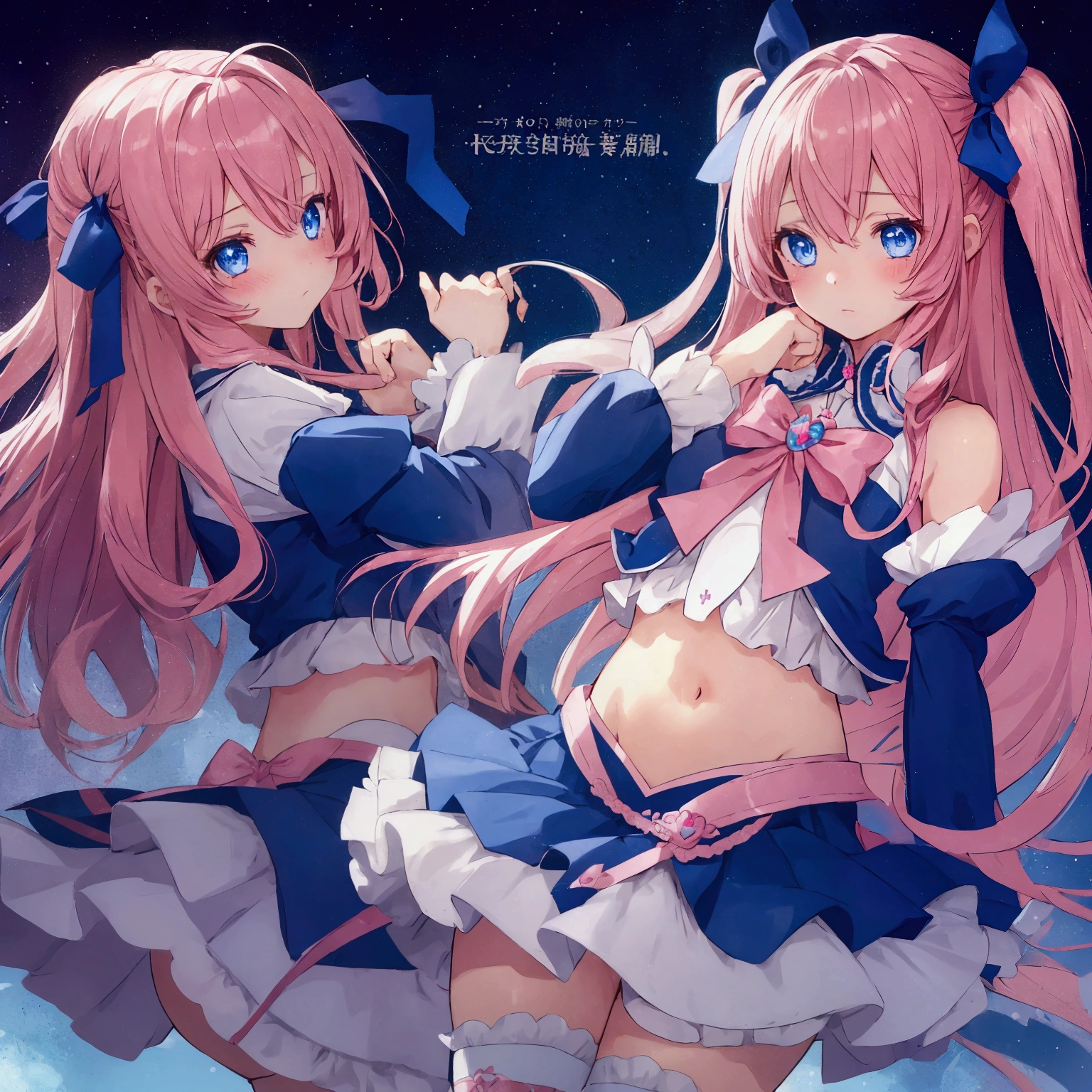 1girl, blue eyes, blush, crossdressing, detached sleeves, english text, hair ribbon, long hair, magical girl, male focus, midriff, navel, otoko no ko, pink hair, ribbon, skirt, solo, two side up, wand