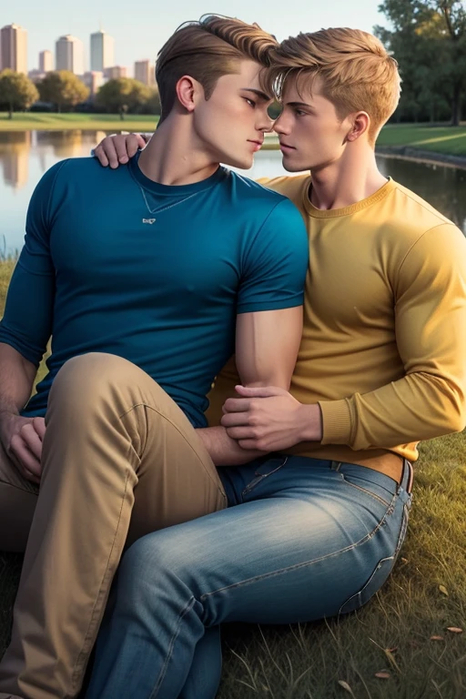 Two men, photo realistic. A 16-year-old, handsome, lean man with short-cut, blond hair and blue eyes, wearing a brown sweatshirt, and khaki pants, sitting in the lap of a 17-year-old, handsome, athletic, Caucasian man with short, shaved brown hair, and blue eyes, wearing a blue and yellow jersey, and jeans, kissing, groping each other, laying on a grassy field, by a pond in a large city park, at night. Masculine, erotic, sexy, romantic, love, huge bulge.
