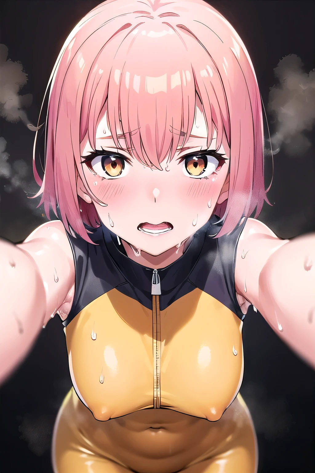 Slender body girl in yellow glossw tight plug suit, pink short hair, masterpiece, white background, BRAKE (sweat:1.5), (steam:1.2), (girl trembling with sexual climax:1.1), (looking at viewer:1.3), (open mouth:1.2)