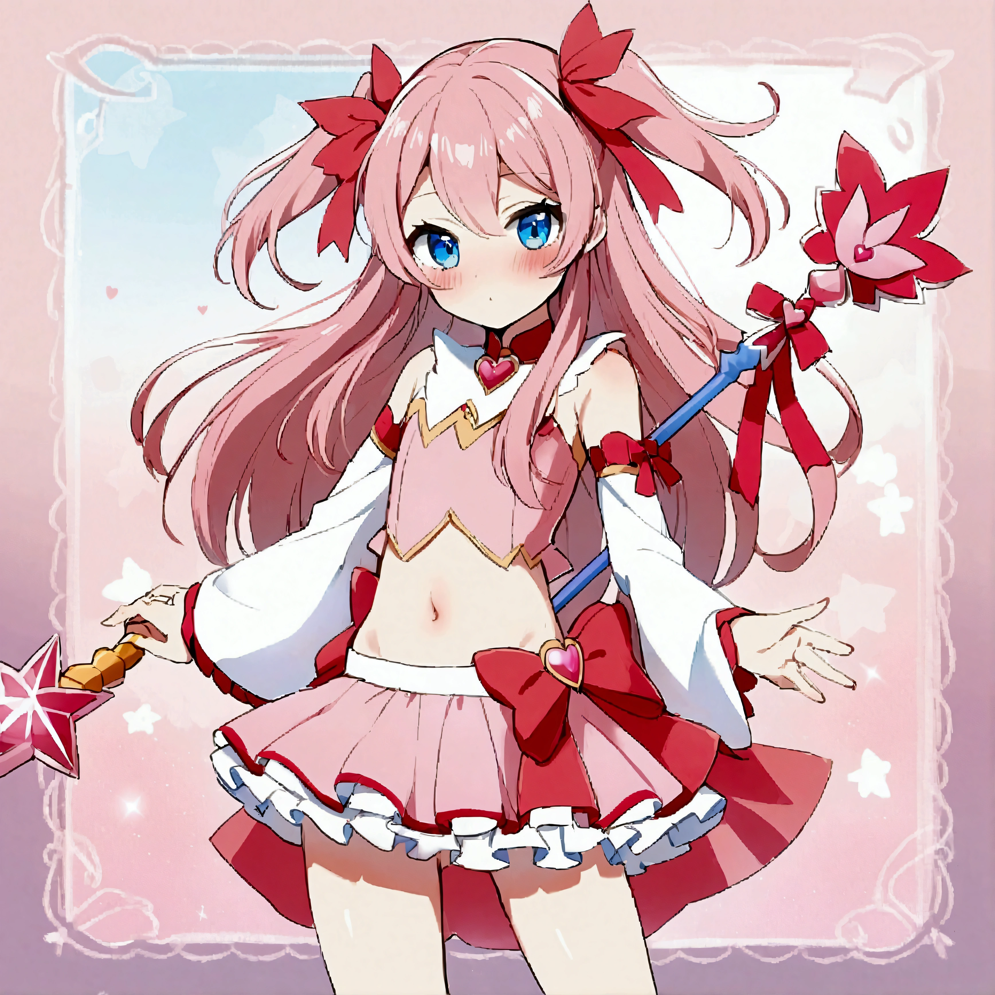 1girl, blue eyes, blush, crossdressing, detached sleeves, english text, hair ribbon, long hair, magical girl, male focus, midriff, navel, otoko no ko, pink hair, ribbon, skirt, solo, two side up, wand