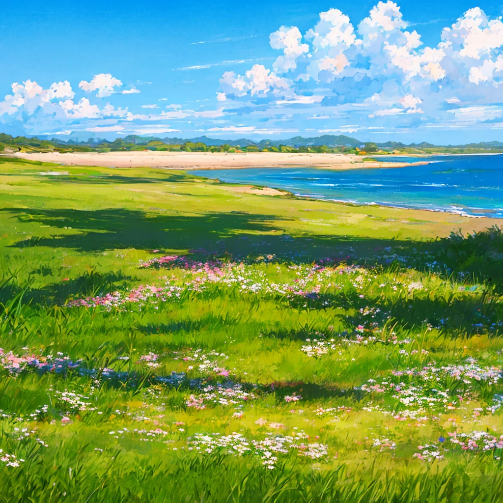 Fresh painting style，In the grassland，At the beach，Bright sky，Super detailed，Very realistic，masterpiece，8k，Hyper HD，