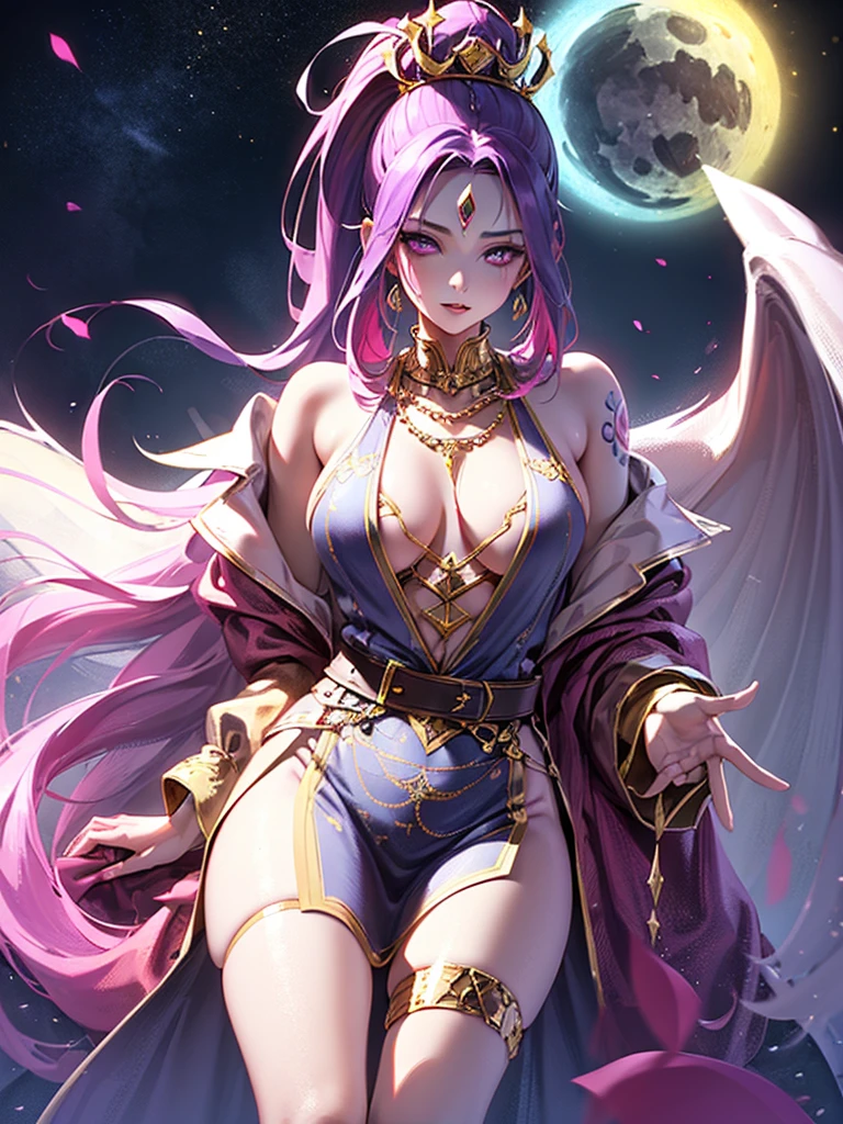 Vampire Queen Combat Dress (Radiant Royal Cloak: 1.2) Black and Purple Color, (extremely delicate beautiful eyes and depression but arrogant eyes), (multicolor, ponytail, iridescent hair, colorful hair, half purple and half pink hair: 1.3), (magical, mythic,fantasy), (Super Model Body Shape, idol, seducing body, attractive, gorgeous, charming, majesty, Sexy Devil aura), Original Character, Masterpiece, Tempting Purple Eyes, Purple Gemstone Accessories, Gold Belt, Gold Necklace, Evil Wind and floating effect, Soft Moonlight, unique crown, (Lewd Corruption Tattoo on 1;1.25),16k wallpaper style,bare shoulders, cute, solo, stars, stardust, shiny body detailed, legend, pink lips, cinematic lighting, scale up, twilight, dark magic, dark element, perfect shadow, purple gem on forehead