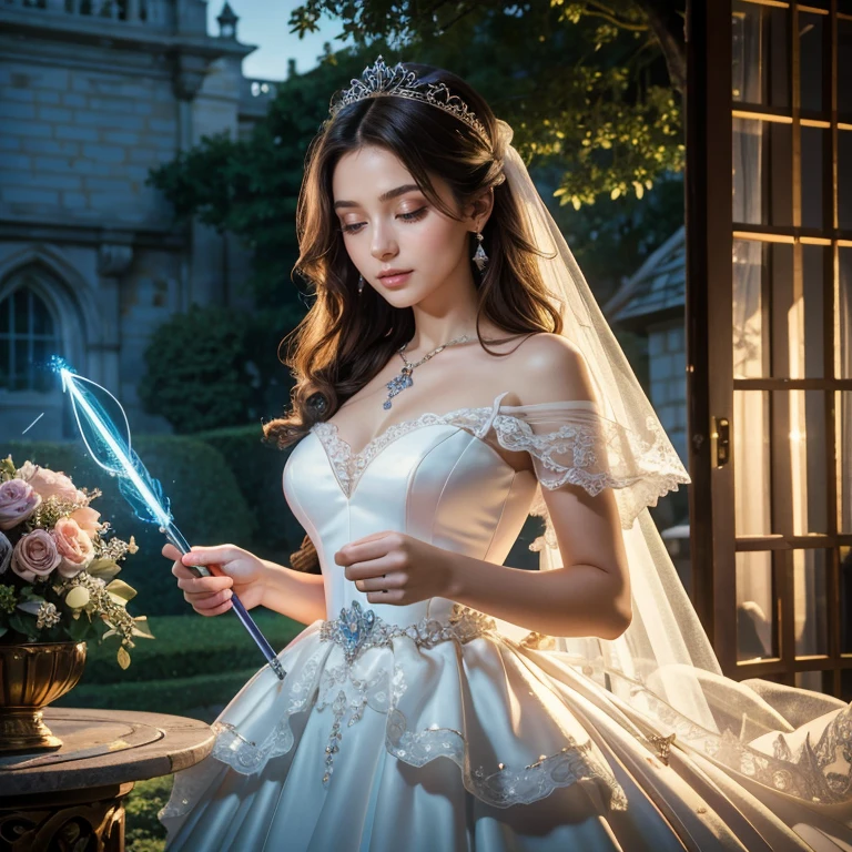 (​masterpiece, best quality:1.5), highest quality, High resolution, super detailed, Realists, Upper body photo of a brunette young magical girl, detailed and beautiful eyes, beautiful detailed lips, very detailed eyes and face, longeyelashes, light blue satin wedding dress, Holding a magic wand in your hand, Cast a transformation spell, With her magic wand she turns stones into cakes, Glowing wands available,Beautiful and colorful makeup, elegant and noble々The jewelry bag, Gardens as background, soft daylight, bright colors, fine brushstrokes, Portrait style, Silk dress fabric, beautiful color palette, glowing skin, First-class rendering, that captures every detail, enchanting atmosphere, subtle shadows and lights, (perfect anatomy:1.2), (The stunning magical girl in the light blue wedding dress turns stones into cakes. (a transformation with the magic wand:1.4), (magnificent panorama view:1.2)