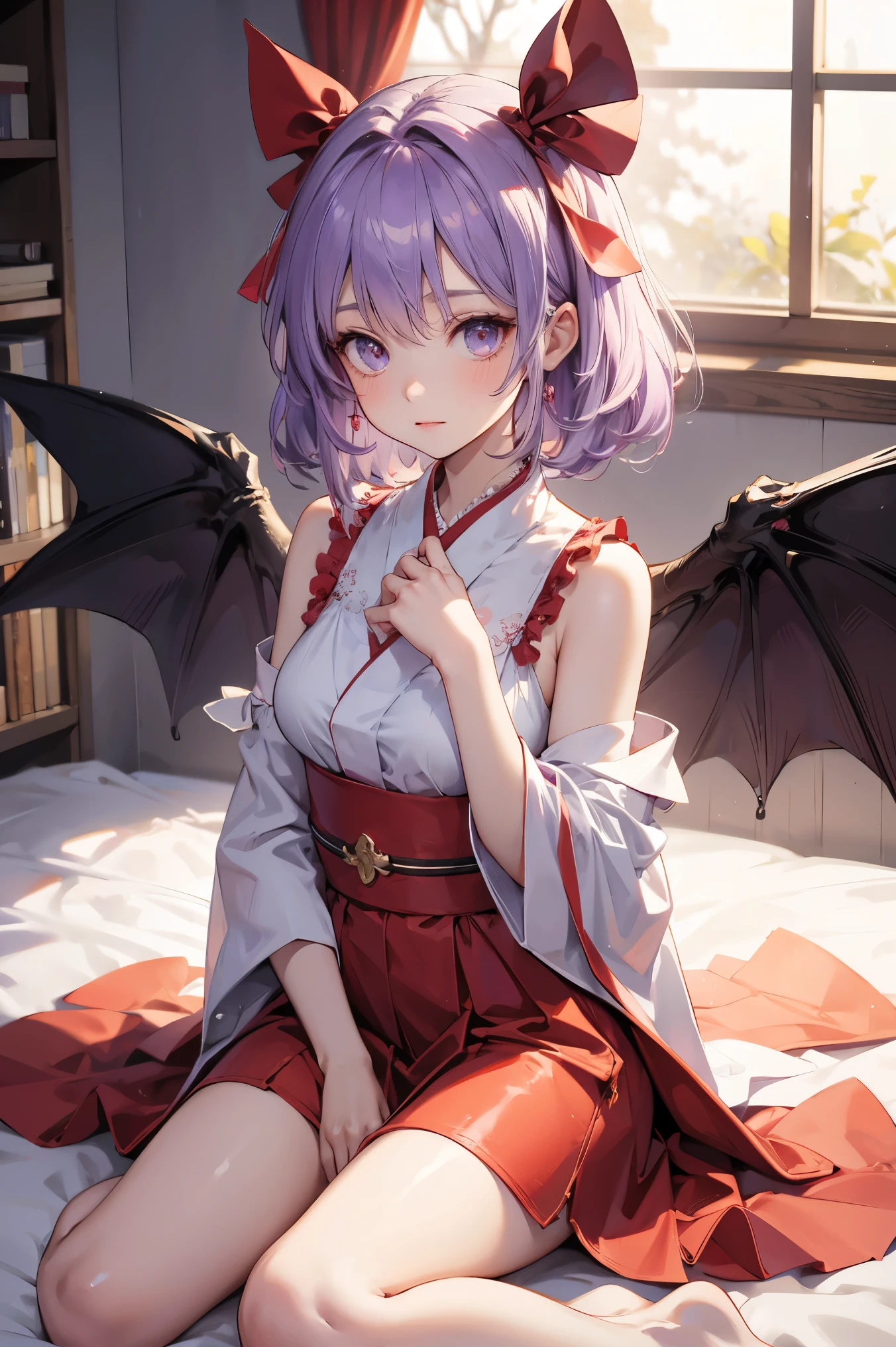 touhou project, Flandre Scarlet sitting on the bed wearing JK, Cross your hands at your waist, Pale purple hair, Warm lighting, Blurred foreground, Lovely, Change, Japanese cartoons, 4K, With devil wings, Shower cap, masterpiece, whole body
