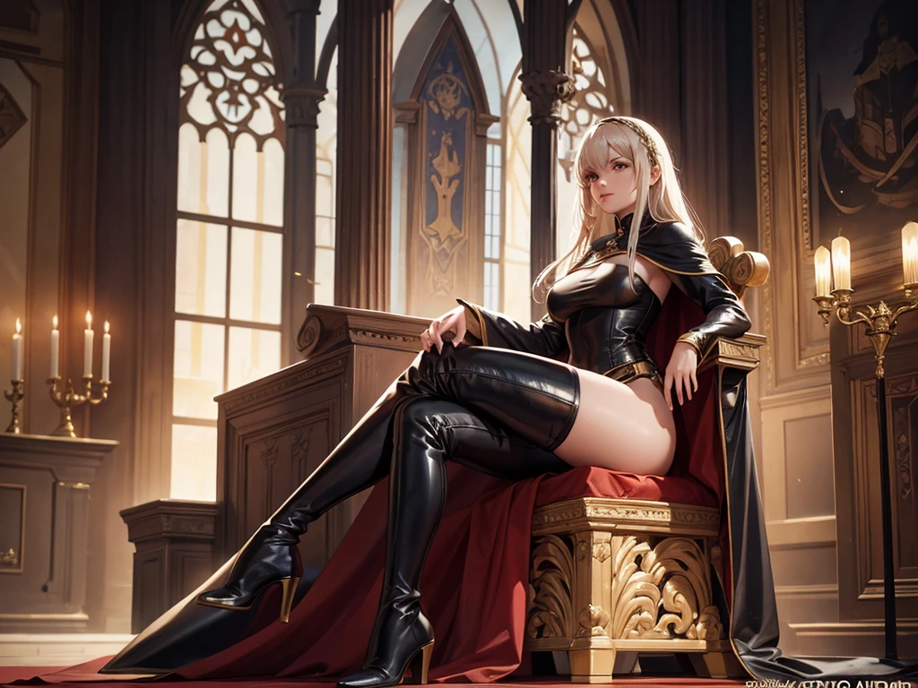 medieval style of a woman in a tight-fitting leather tunic with a flowing cape and knee-high boots, with a grand throne room in the background, cinematic composition, trending on ArtStation