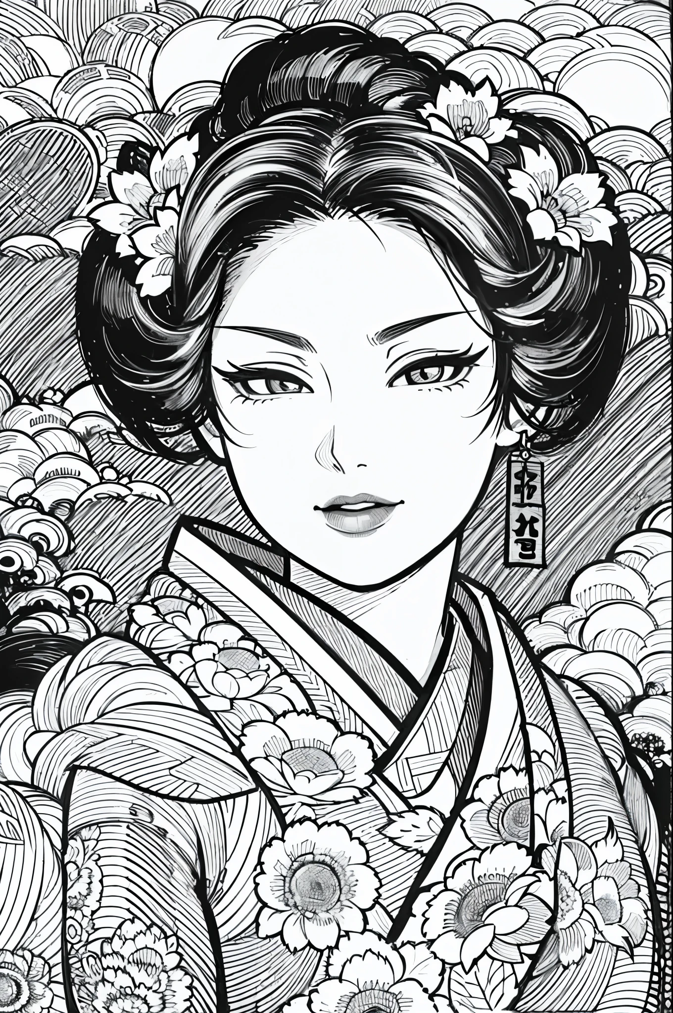 Depicting a realistic and cute ukiyo-e illustration of a woman in a kimono that conveys Japanese culture. The illustration is a illustration with detailed facial features and cartoon-style visuals, (high contrast, sketch, monochrome, clean line drawings for coloring book:1.5)