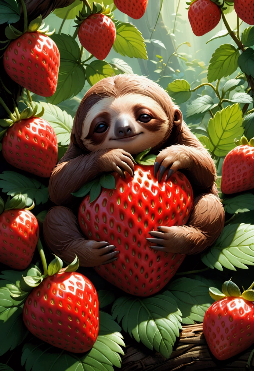 strawberry, detailed photograph of an adorable baby sloth sleeping on a red strawberry, by Ismail Inceoglu Huang Guangjian ZBrush, pixar, studio ghibli, masterpiece, best quality, very aesthetic, absurdres