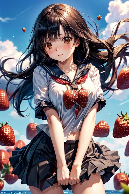 panty shot, ((A single strawberry, Only one strawberry)), ((Panties with a single strawberry printed)), Cover your chest with your arms, super cute girl, black sailor suit, very Short black pleated skirt, Beautiful Face, ((Slightly embarrassed)), (blow upskirt), (skirt lifted by wind, Skirt flipped by the wind), Super detailed, ((masterpiece:1.37, best quality, high resolution)), from below, ((Ichigo 100% character Toujou Aya)), (High quality, high quality texture, Beautiful detailed, fine detailed, extremely details CG), Detailed texture, 8k wallpaper, high definition RAW photograph, natural soft lighting, pointed breast, 