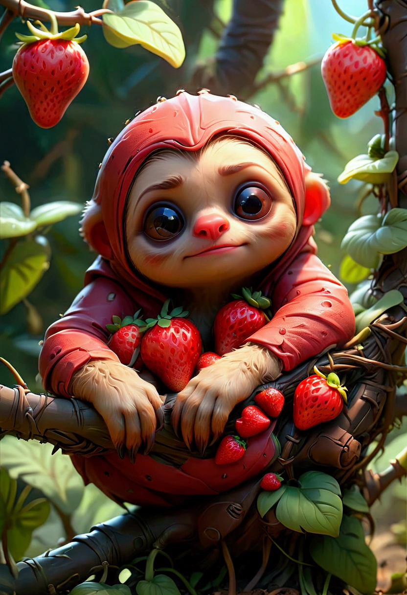 strawberry, detailed photograph of an adorable baby sloth sleeping on a red strawberry, by Ismail Inceoglu Huang Guangjian ZBrush, pixar, studio ghibli, masterpiece, best quality, very aesthetic, absurdres