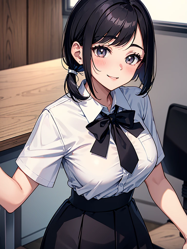 28-year-old office lady, black-haired, short-haired, ponytailed woman, bangs swept to the side, smiling, blushing, energetic, big eyes, light in the eyes, beautiful, slender, tall, white collared shirt, short sleeves, black tight long skirt, black ribbon tie, office, desk, chair, standing posture