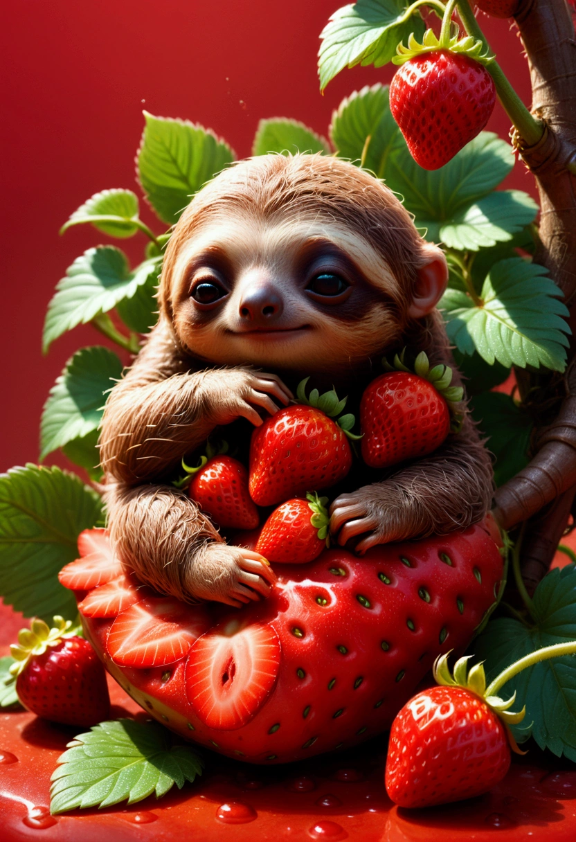 strawberry, detailed photograph of an adorable baby sloth sleeping on a red strawberry, by Ismail Inceoglu Huang Guangjian ZBrush, pixar, studio ghibli, masterpiece, best quality, very aesthetic, absurdres