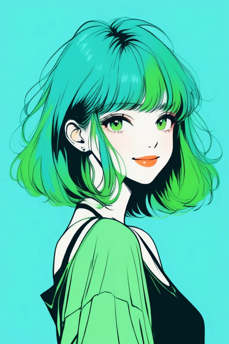 (Highest quality, sketch:1.2),Realistic,Illustrator,Realistic、1 girl, Glossy lips, Tank top shirt、custom, light blue gradient background, Neon Hair, Green gradient hair, Medium Straight Hair、Even bangs, Friendly, Cute Smile, A kind smile, Texture Cropping, masterpiece, Style: Retro Classic, Dark Black
