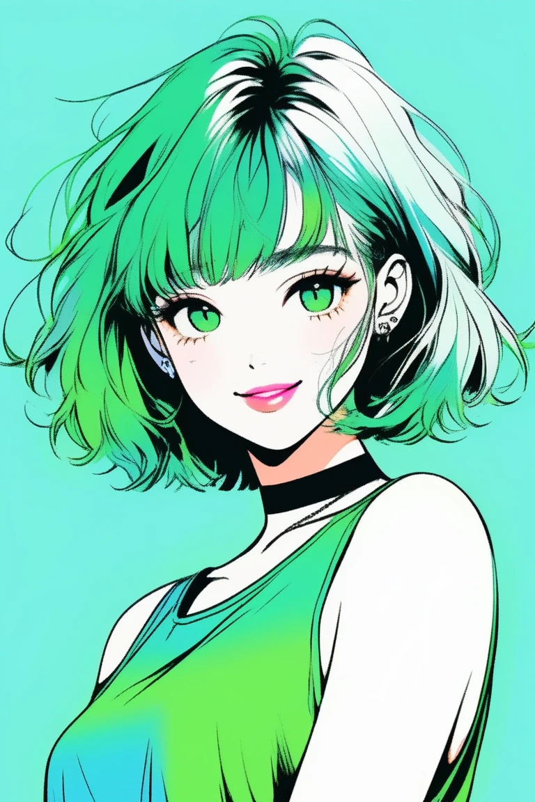 (Highest quality, sketch:1.2),Realistic,Illustrator,Realistic、1 girl, Glossy lips, Tank top shirt、custom, light blue gradient background, Neon Hair, Green gradient hair, Medium Straight Hair、Even bangs, Friendly, Cute Smile, A kind smile, Texture Cropping, masterpiece, Style: Retro Classic, Dark Black