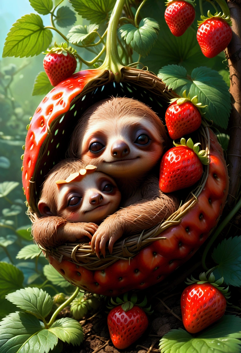 strawberry, detailed photograph of an adorable baby sloth sleeping on a red strawberry, by Ismail Inceoglu Huang Guangjian ZBrush, pixar, studio ghibli, masterpiece, best quality, very aesthetic, absurdres