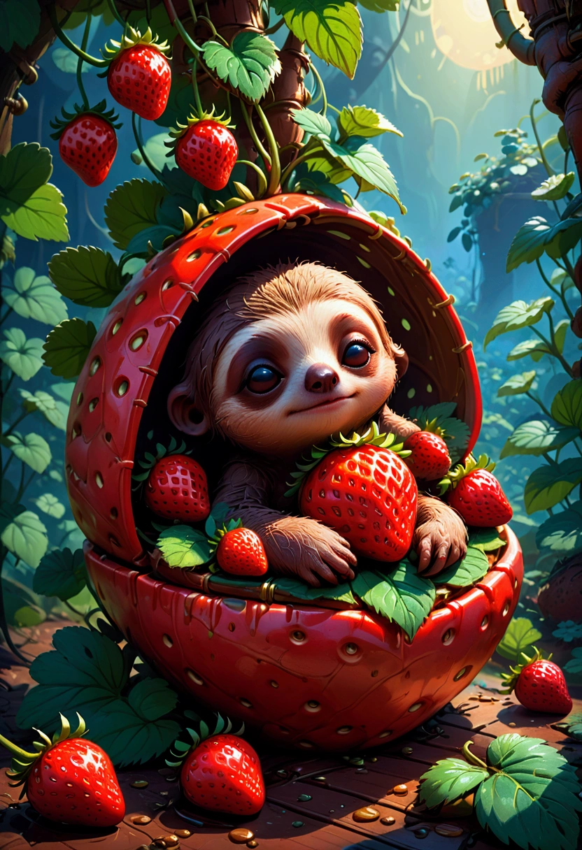 strawberry, detailed photograph of an adorable baby sloth sleeping on a red strawberry, by Ismail Inceoglu Huang Guangjian ZBrush, pixar, studio ghibli, masterpiece, best quality, very aesthetic, absurdres