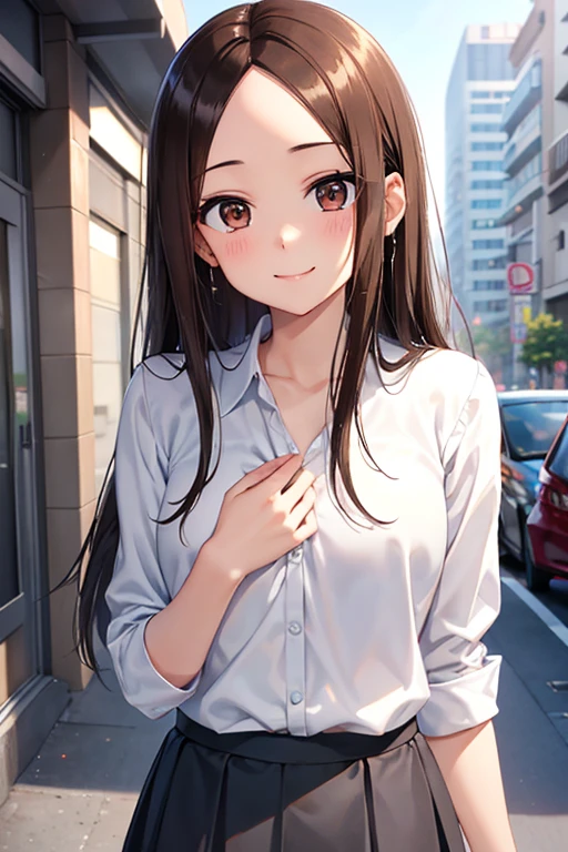 Takagi-san、Shiny brown hair, Straight Long Hair,((Medium chest、Forehead、Center part))、 Beautiful brown eyes、smile、Sparkling eyes, (fine grain)、Very fine eye、Highly detailed face, Highly detailed eyes, Cowboy Shot、
Upturned eyes, Place your hand on your chest, masterpiece、Highest quality、 amount, 25-year-old woman.、
Wearing a grey suit, Wearing a white blouse、wearing a gray skirt、Smiling face, shy, walk、The background is the office、Bold composition、The upper body is shown、alone
