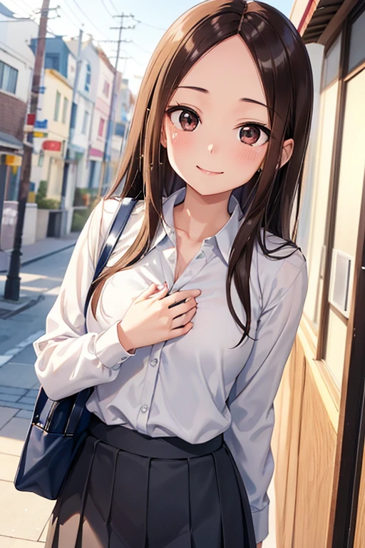 Takagi-san、Shiny brown hair, Straight Long Hair,((Medium chest、Forehead、Center part))、 Beautiful brown eyes、smile、Sparkling eyes, (fine grain)、Very fine eye、Highly detailed face, Highly detailed eyes, Cowboy Shot、


Upturned eyes, Place your hand on your chest, masterpiece、Highest quality、 amount, 25-year-old woman.、
Wearing a grey suit, Wearing a white blouse、wearing a gray skirt、Smiling face, shy, walk、The background is the office、Bold composition、The upper body is shown、alone